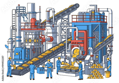 Industrial gold refinery with workers processing precious metal on conveyor belts
