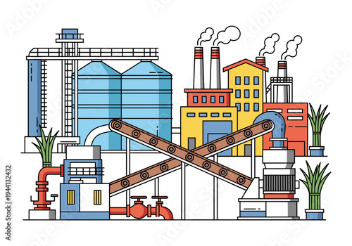 Modern industrial factory complex with silos and conveyor belts, clean energy concept