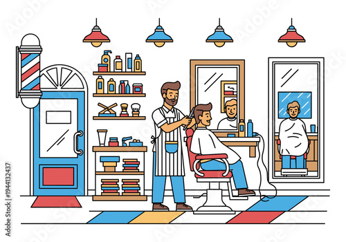 Barber shop interior scene with barber cutting client's hair in a modern salon