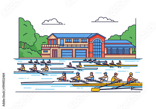 Rowing race with multiple boats competing near a boathouse on a sunny day