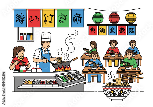 Japanese ramen shop with chef cooking noodles and customers enjoying meals
