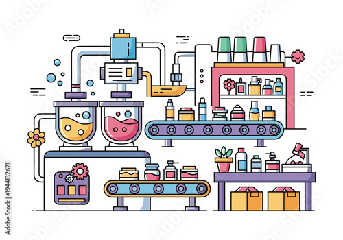 Cosmetic production line with automated machinery and packaging processes