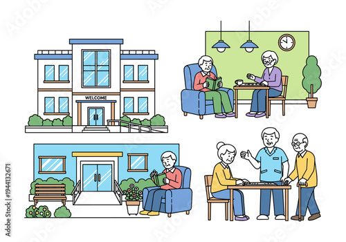 Elderly people enjoying activities and services at a modern assisted living facility