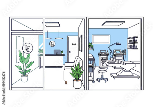 Modern beauty salon interior with reception and treatment room illustration