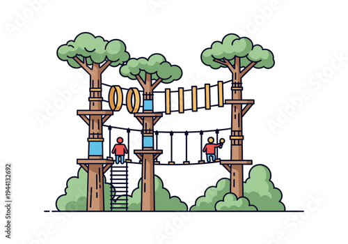 Adventure park with rope bridges and obstacles set between trees for outdoor recreation