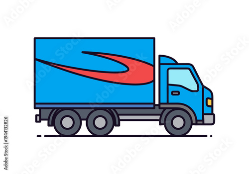 Blue delivery truck with a red swoosh logo on the side, isolated on white background