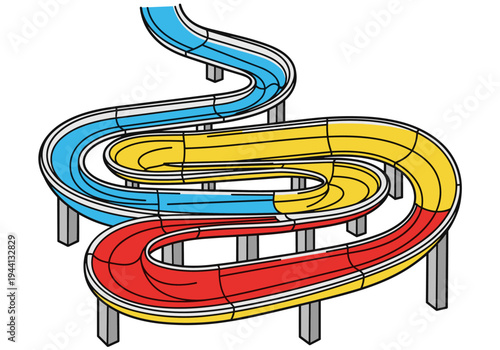 Colorful water slides with multiple twists and turns, perfect for summer fun and amusement parks