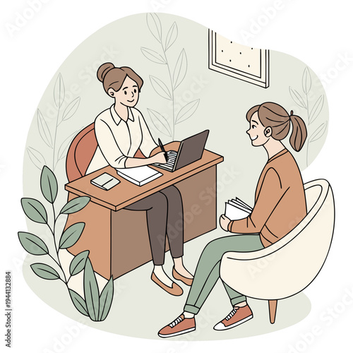 Professional therapeutic conversation offering support and understanding between two individuals seeking guidance and well being