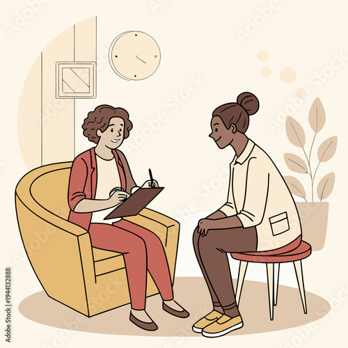 Professional therapeutic conversation offering support and understanding between two individuals seeking guidance and well being