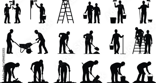 Construction worker silhouette set with shovels wheelbarrows ladders and painting tools for manual labor cad drawing flat vector illustration
