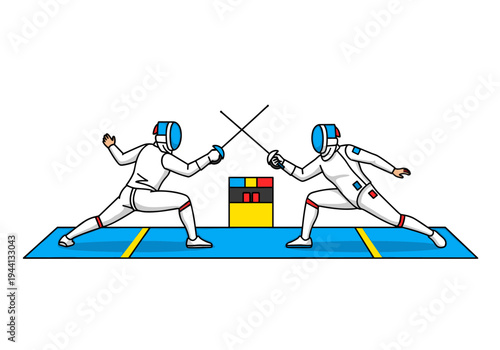 Two fencers in protective gear duel with swords on a blue mat with a scoreboard