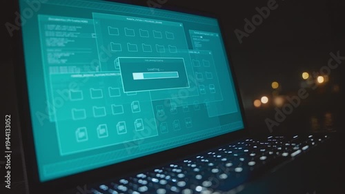 Office desk with computer laptop loading file data and information remote access. Hacker or spy working on computer. Screen progress bar on file pc server with personal private intelligence data