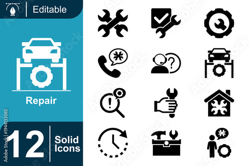 Repair icon set. Maintenance service tools, mechanic repair workshop, technical troubleshooting, equipment fixing process, service technician support and more. Solid vector icons collection.
