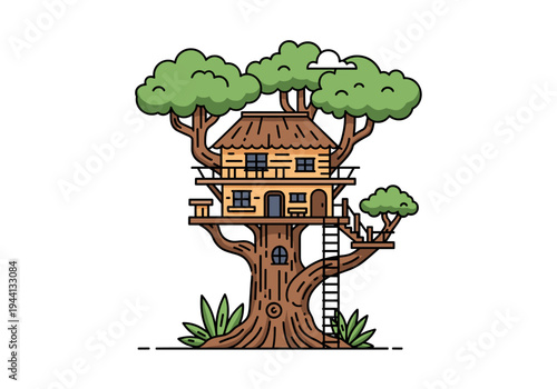 Charming cartoon treehouse with multiple levels and a ladder, set against a white background