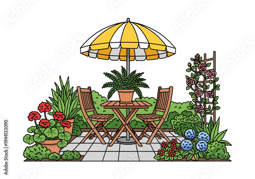 Cozy garden patio with wooden chairs, table, and blooming flowers under a striped umbrella