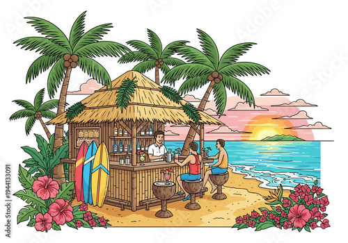 Tropical beach bar at sunset with palm trees, surfboards, and people enjoying drinks