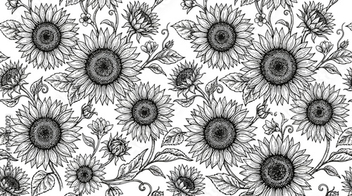 Detailed black and white illustration of sunflowers with intricate floral patterns and designs