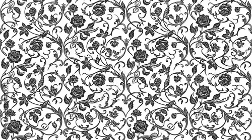 Ornate black floral pattern with intricate vines and blooms on a white background, ideal for design use