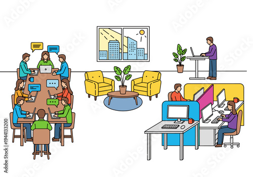 Diverse team collaborating in modern office spaces with meeting and workstations