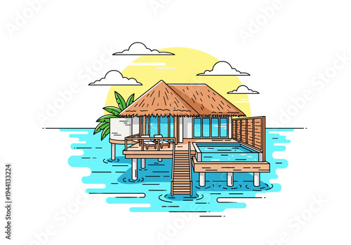 Tropical overwater bungalow with private pool and thatched roof in clear blue ocean