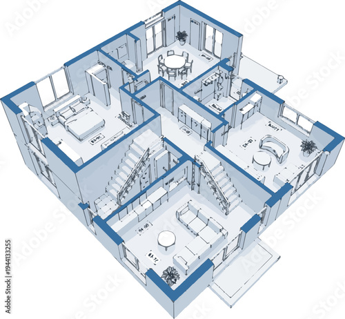 Create a realistic House 3d blueprint vector art with white background.