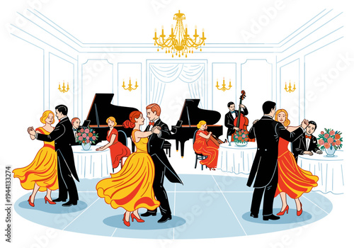 Elegant ballroom scene with couples dancing and live orchestra playing classical music