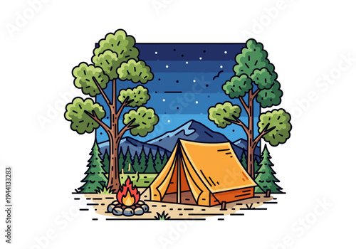 Cozy camping scene with a tent and campfire under a starry night sky