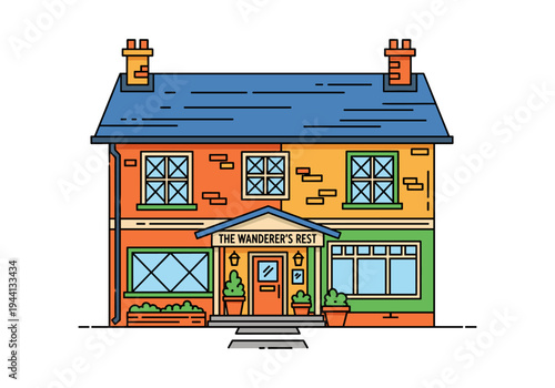 Charming flat illustration of a traditional British pub called The Wanderer's Rest