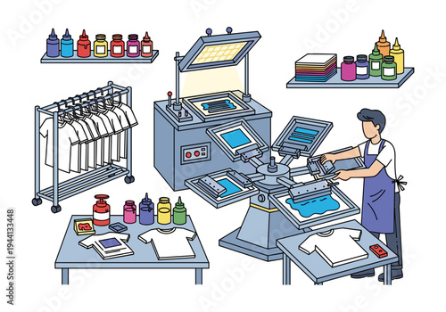 Screen printing setup with a worker and various equipment for apparel customization