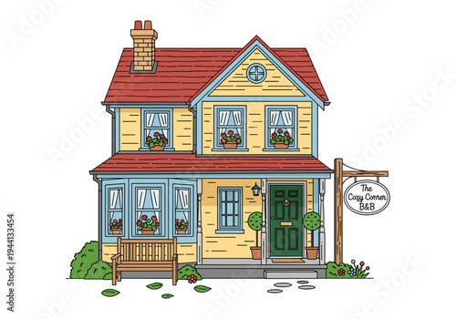 Charming yellow house with red roof and "The Cozy Corner B&B" sign, perfect for hospitality