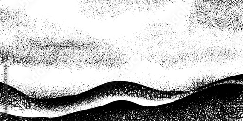Abstract Black and White Grunge Textured Landscape with Wavy Lines and Cross hatch Pattern.