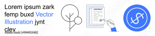 Financial planning, agreement signing, business decision-making, legal documents, corporate transactions, economic . A contract being signed, abstract tree figure and dollar sign icon. Financial
