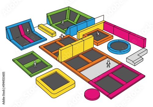 Isometric illustration of a colorful indoor trampoline park with various jumping areas and small figures