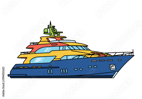 Colorful cartoon yacht illustration with blue hull and yellow superstructure on white background