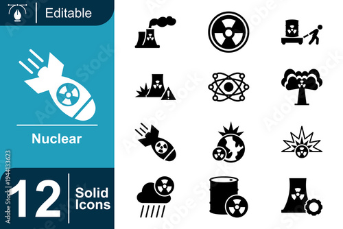 Nuclear icon set. Nuclear energy system, radioactive material hazard, atomic science research, nuclear power technology, radiation warning concept and more. Solid vector icons collection.