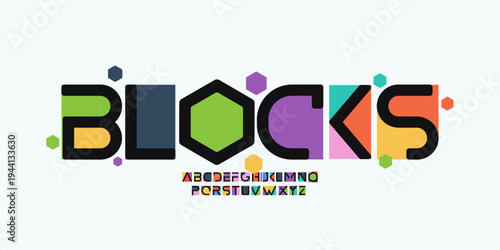 Color Geometric Shape Font Logo Alphabet Letter Set Blocks Typography, Bright Colorful Creative Typographic Design, Trendy Innovate Title Text Headline Logotype. Block Cutout Fonts. Vector Typeface