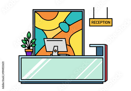 Modern reception desk with computer and abstract art background