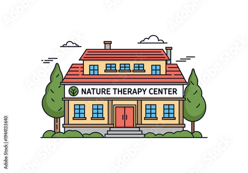 Nature therapy center building with trees and clouds in a flat design style