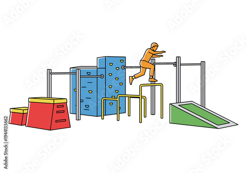 Man performing parkour moves on an obstacle course with climbing wall and bars