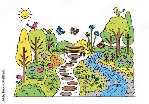 Charming cartoon park scene with a winding path, stream, flowers, birds, and butterflies