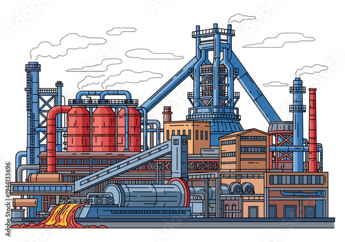 Industrial steel mill with blast furnace, smokestacks, and molten metal flow