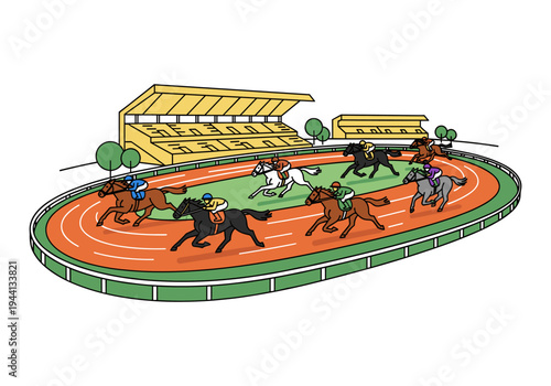 Horse racing competition with jockeys and spectators in the grandstand on a sunny day