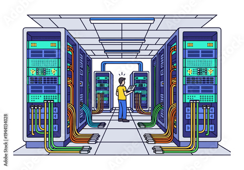 IT technician working in a modern data center with rows of servers and colorful cables