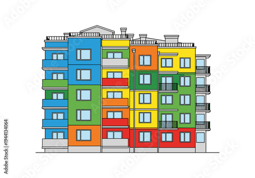 Colorful apartment building with balconies and windows, flat design illustration