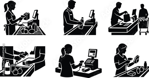 Professional Cashier and Supermarket Checkout Icon Set Featuring Staff Scanning Groceries Using Barcode Readers and Handling Retail Transactions Silhouettes