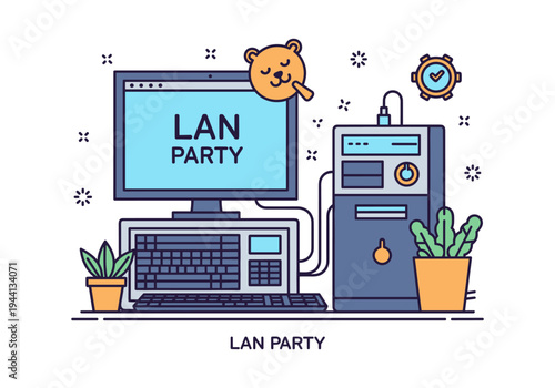 Computer setup for a fun LAN party with gaming and networking elements