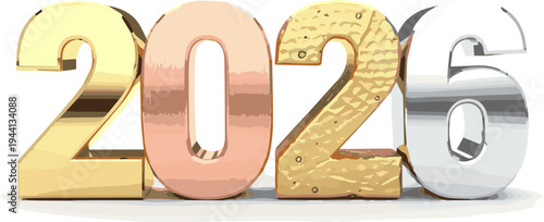 Create a realistic kinds of deferent Gold 2026 numbers New year concept 3d rendering vector art with white background..