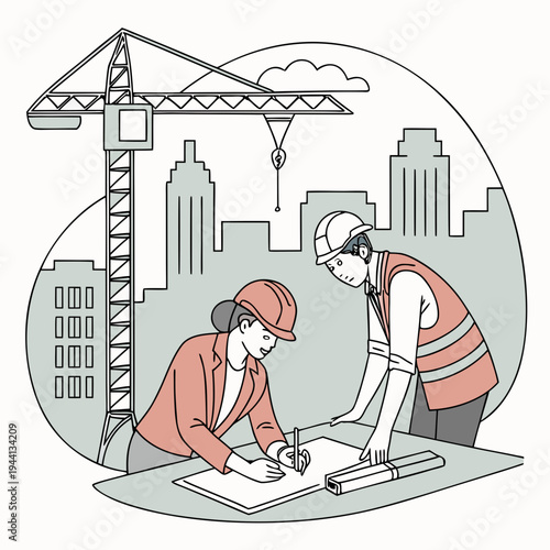 Architectural and construction scene with architects reviewing blueprints and a crane lifting materials in a city.