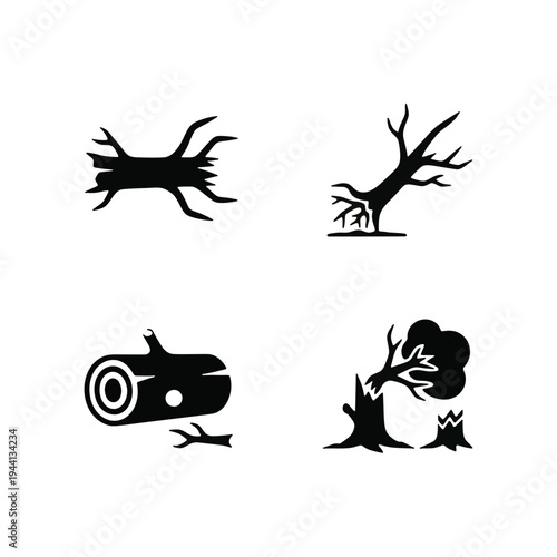 Forestry and timber industry icons featuring wood logs, tree stumps, and chopped wood pieces.
