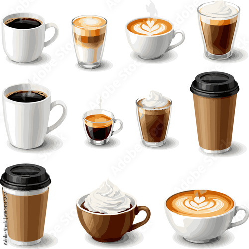 Create a realistic kinds of deferent Coffee hot drinking cup vector art with white background..